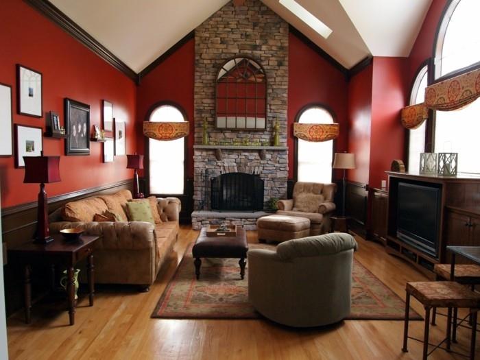 kırmızı-oturma odası-boyama-fikri-muhteşem-taş-şömine-sofistike-zengin-görünüm