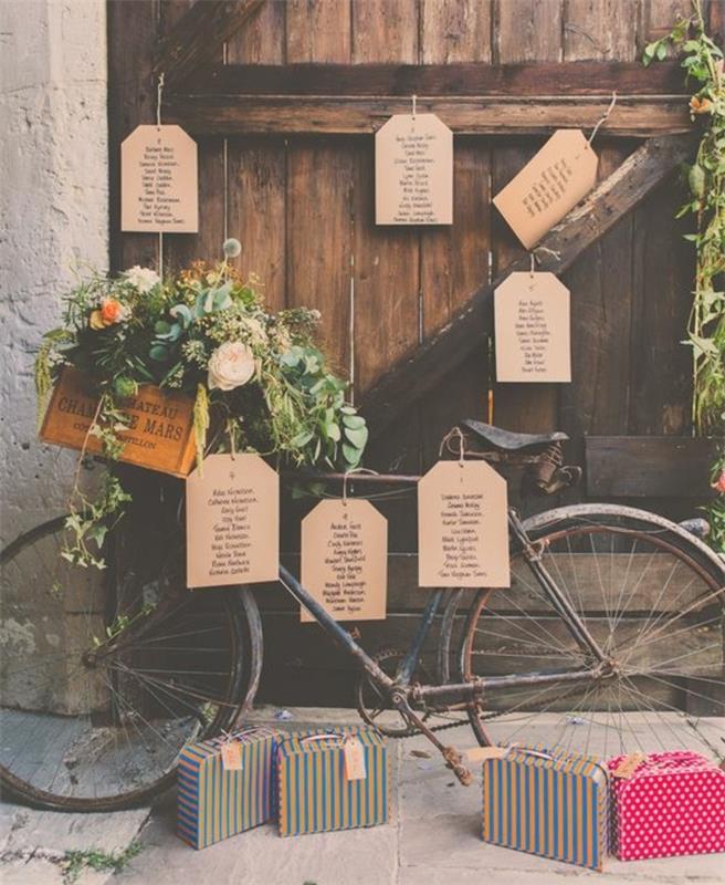 eski bir kır nikah masası planı örneği, yıpranmış ahşap kapı ve konukların isimlerini içeren kraft kağıt etiketli bisiklet, küçük renkli sandıklar ve çiçekli tahta sandık