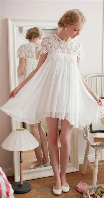 trumpa vestuvių suknelė-idėja-trumpa vestuvių suknelė-žr. plokšti batai