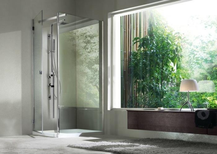 Zen banyo, gri halı, tasarımcı duş kolonlu duşakabin, cam duvarlar, sade tasarım