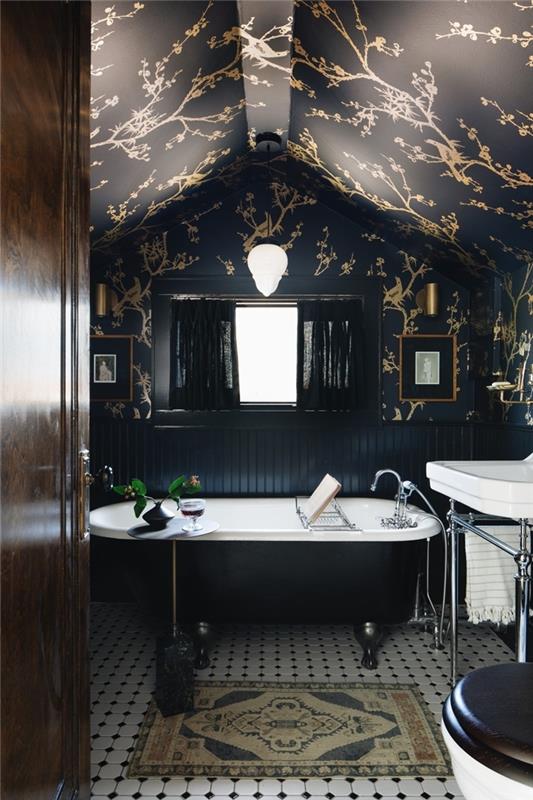 modern banyo fikirleri koyu duvar banyo duvar kağıdı modaya uygun siyah altın, altın ayaklı küvet bırakır
