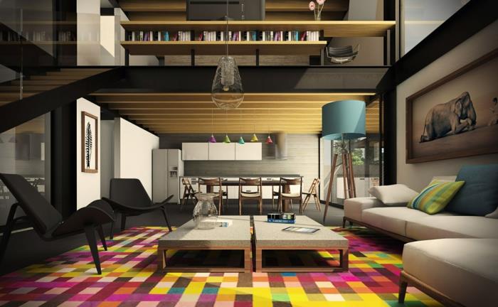 ideja-dnevna soba-dekoracija-njegova-dnevna soba-notranja-dekoracija-barvita-preproga-pohištvo-svetilka-original