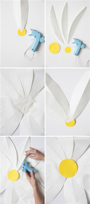 kağıt çiçek öğreticisi, beyaz yaprakların büyük papatyası ve sarı kağıt çemberinde kalp, adım adım teknik