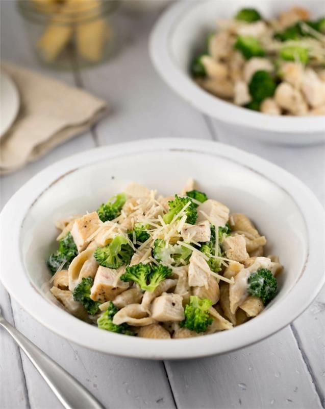 Esempio dieta equilibrata e un piatto con orecchiette, pezzi di pollo ve brokoli