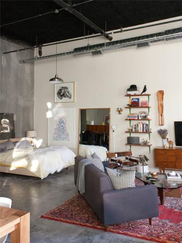 arredare spazi piccoli con un divano grigio, legno'da mobil tv, libreria essenziale e letto başına una proposta