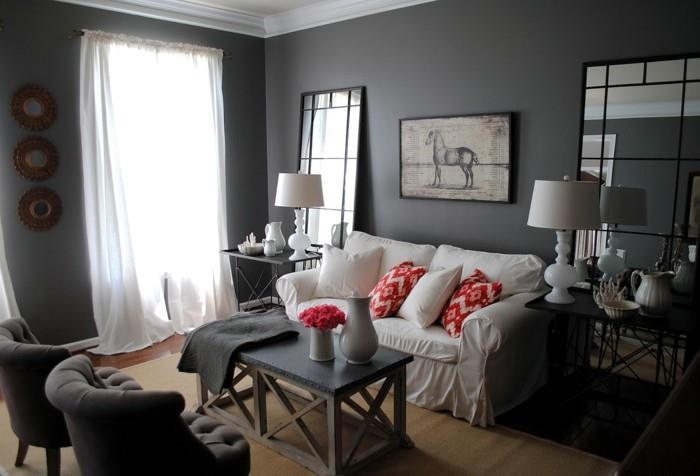 Idee per interni casa, soggiorno con mobili, pareti di colore grigio, tavolino di legno