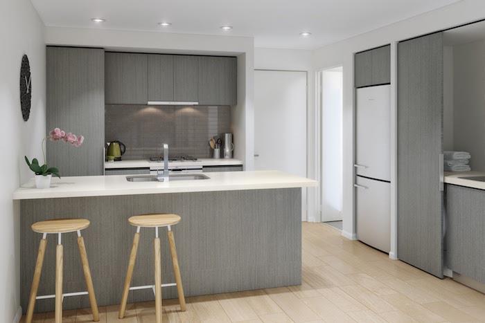 paprasta šiuolaikiška virtuvė su pilkais betono baldais