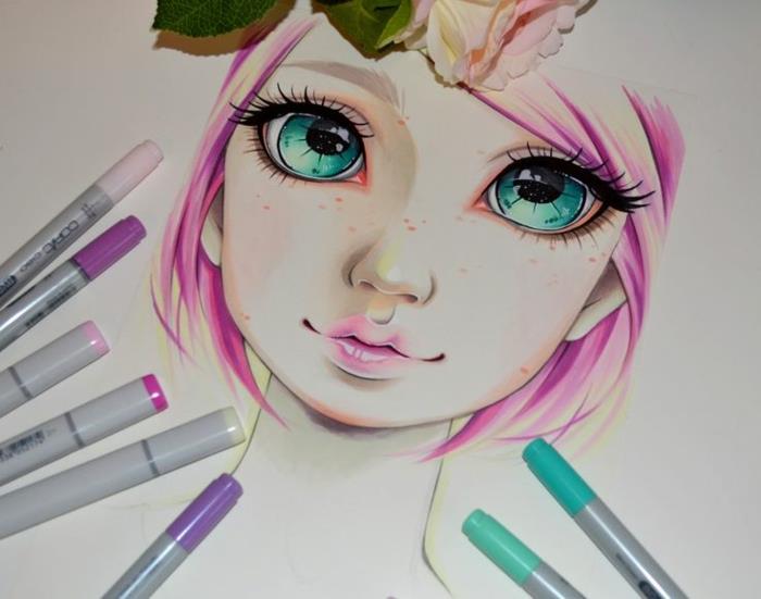 Fotoğraf di ragazze tumblr, disegno con pennarelli colorati, ritratto di ragazza