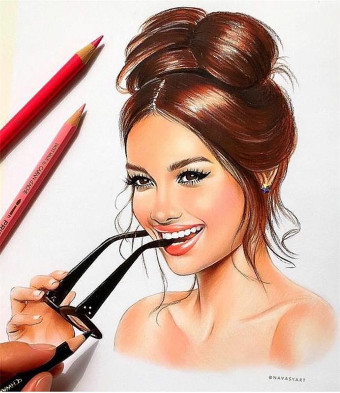 Disegni di donna bellissime, ritratto di una donna, disegno con matite colorate