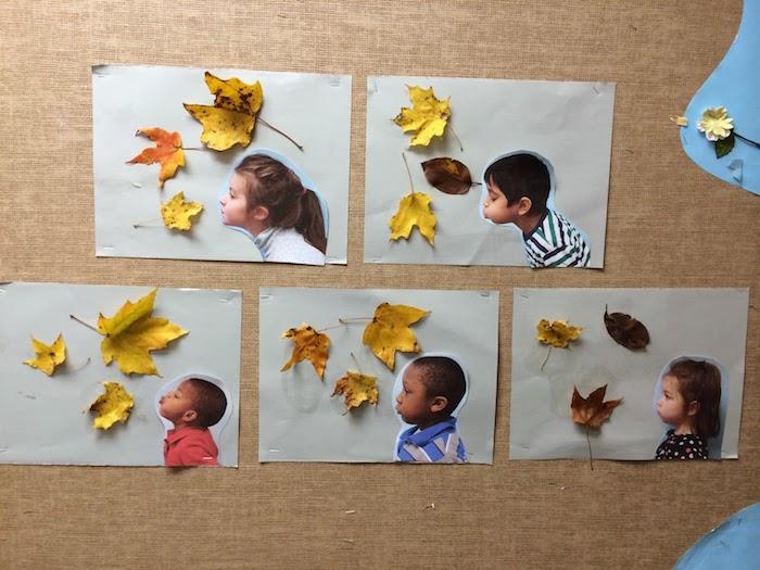 DIY otrok, majhni kosi papirja s fotografijami otrok in odpadlim listjem, enostavna ustvarjalna ideja DIY