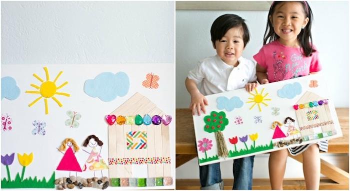 Montessori materyali, ağaçlar, bulutlar, çiçekler ve keçeli kızlar ve dondurma çubuklarından, küçük dekoratif çakıllardan yapılmış bir ev ile anaokulu manuel etkinliği örneği