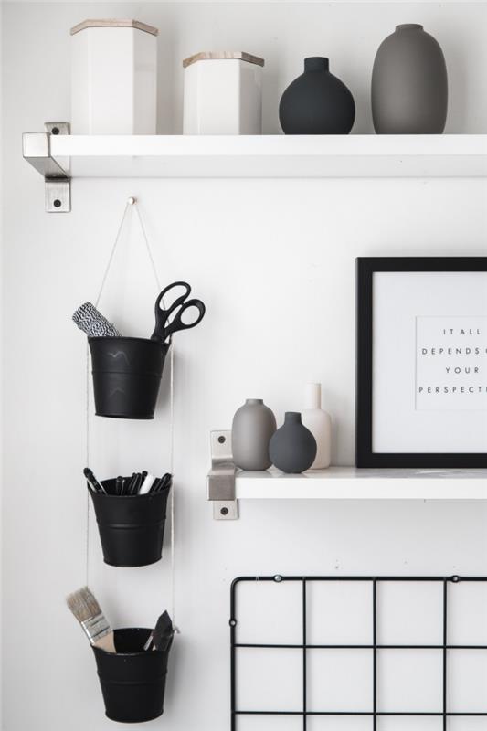 örnek ev ofisinizi minimalist tarzda nasıl dekore edersiniz, tencere ve ipli duvar depolama modeli