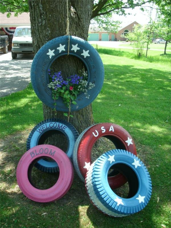 primer, kako okrasiti svoj vrt z recikliranimi predmeti, sejalnik recikliranih pnevmatik z lastnimi rokami, enostavno okrasitev z recikliranimi predmeti