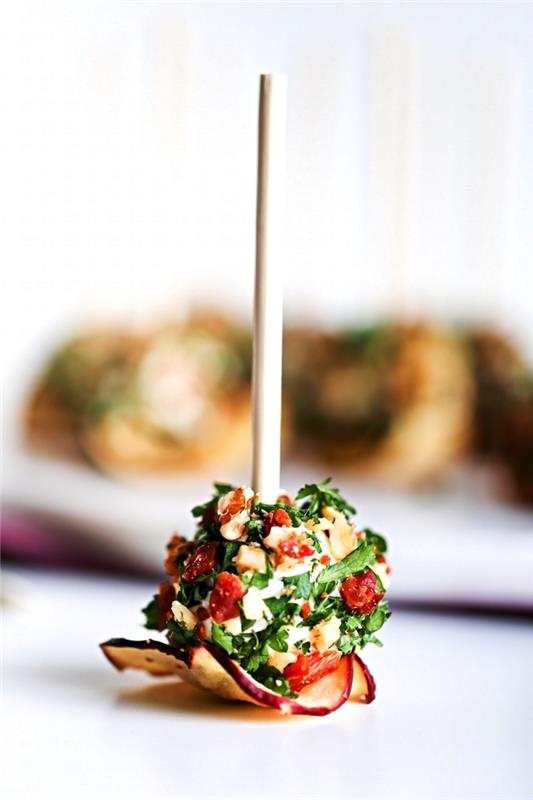 hitra predjed za večerjo, aperitiv, kozji sir in zelenjavni zalogaj, recept za hiter aperitiv