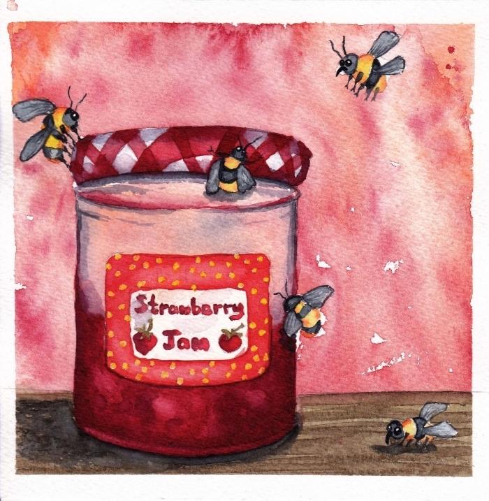 kozarec jagodne marmelade in srčkanih čebel v akvarelu, izvirna kompozicija in enostavna za izdelavo v akvarelu za učenje slikarskih tehnik