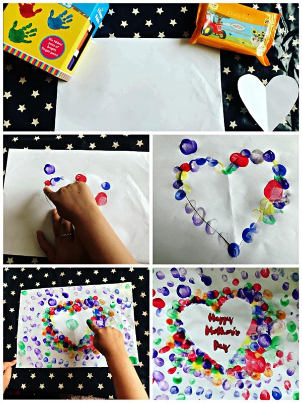 farklı renklerde parmak izleri ile yapılan özel anneler günü kalp çizimi, anaokulu anneler günü için kendin yap fikri