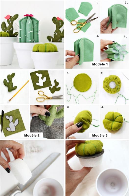 vadnica z navodili in fotografijami za darilo za babičin dan za enostavno izdelavo iz zelene tkanine v obliki kaktusa