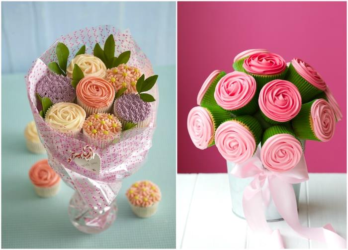 Çiçek şeklinde keklerden oluşan benzersiz bir buket için orijinal fikir, tatili tüm hoşgörüyle kutlamak için anneler günü hediyesi fikri