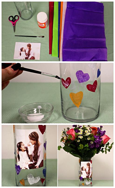 „Pasidaryk pats“ motinos diena mažyliui, individualizuota stiklo vaza su nuotrauka, papuošta mažomis minkšto popieriaus širdelėmis