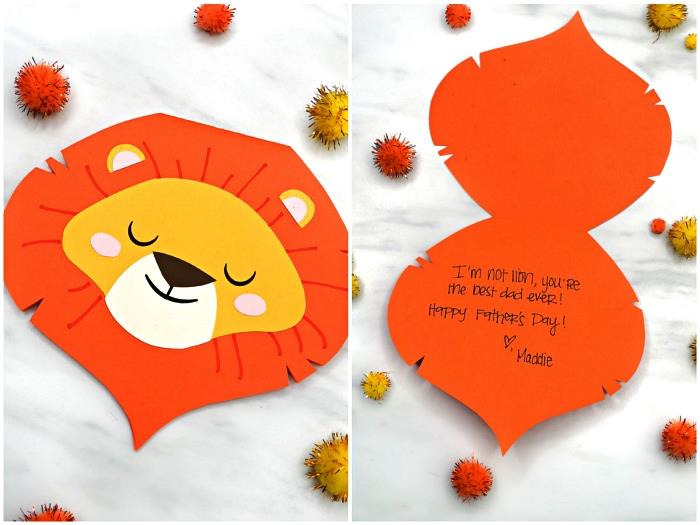 İçinde kişiselleştirilmiş mesaj bulunan sevimli aslan başı şeklinde anaokulu babalar günü kartı