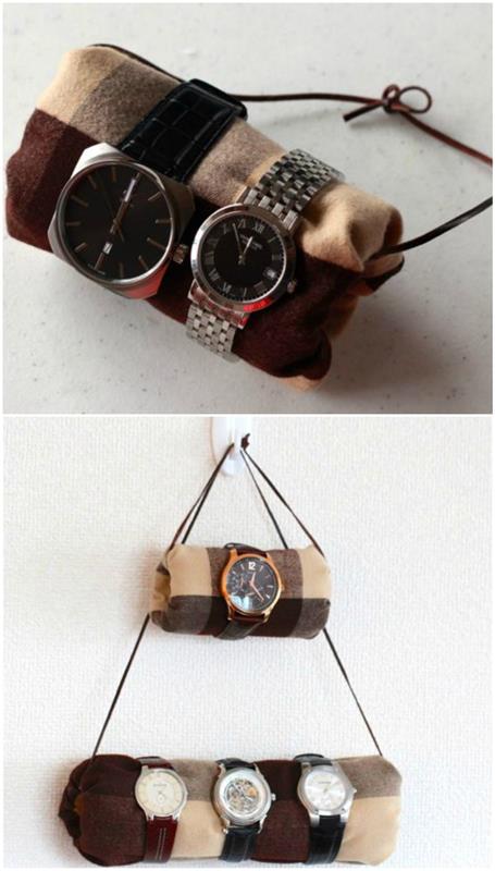 originalios vyriškos dovanos idėja pasigaminti patiems, pakabinti laikrodžio stovą, pagamintą iš audinio ir kartono