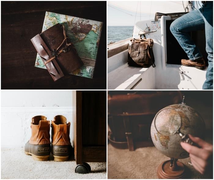 ideje za darila za moškega, ki obožuje potovanja, visoki pohodniški čevlji, usnjena torba, vintage zemeljski globus in usnjeni potovalni dnevnik