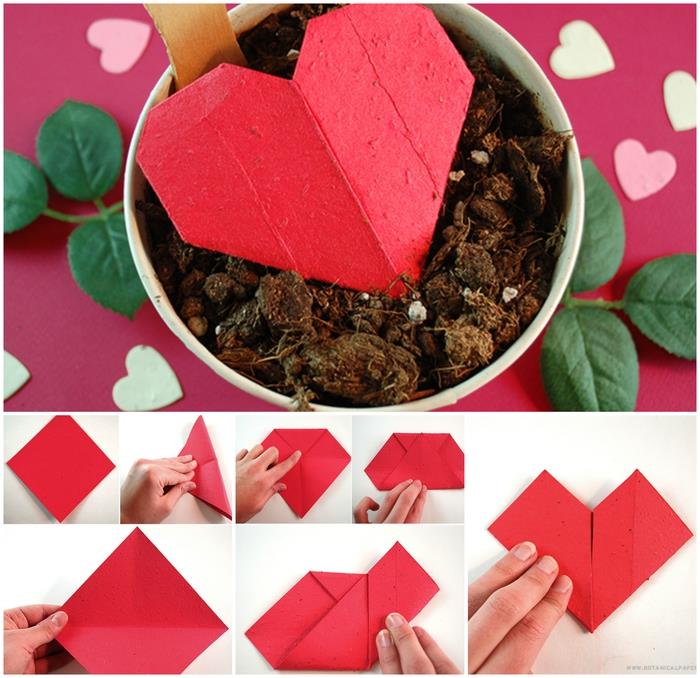 orijinal bir sevgililer günü DIY fikri, kalp şeklinde bir tohum kutusu yapmak için kolay origami öğreticisi