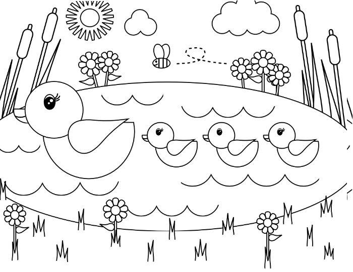 ideja mačje račke z račkami v jezeru, obkroženem s cvetjem in drugimi živalmi, srčkana risba za barvo