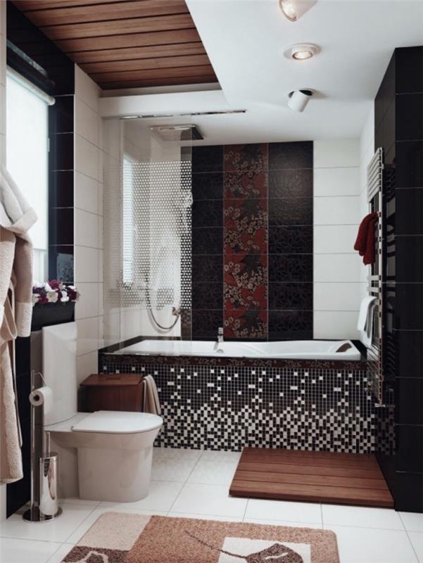 šiuolaikiškas interjero dizainas su etninio stiliaus elementais, mažas vonios kambarys su juodos ir baltos spalvos su medžiu