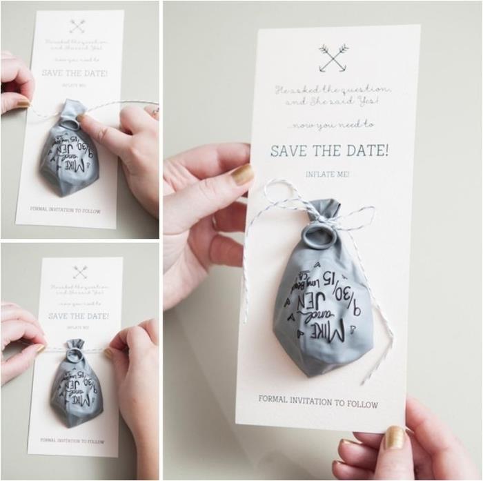 şenlikleri kişiselleştirilmiş bir tarih kaydetme düğün davetiyesi ile bir işaretleyici ile yapılmış bir balon eşliğinde duyurun