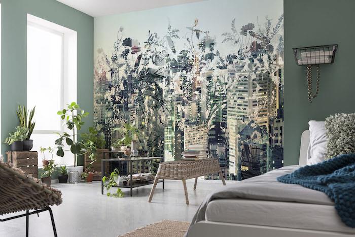 Yeşil ve beyaz bohem yatak odası dekoru, bohem şık yatak odası bitkisi, kirletici ev bitkisi