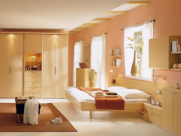 Spalvų tendencija 2018 dažų spalva miegamojo moderniai idėjai oranžinės smėlio spalvos dizainas