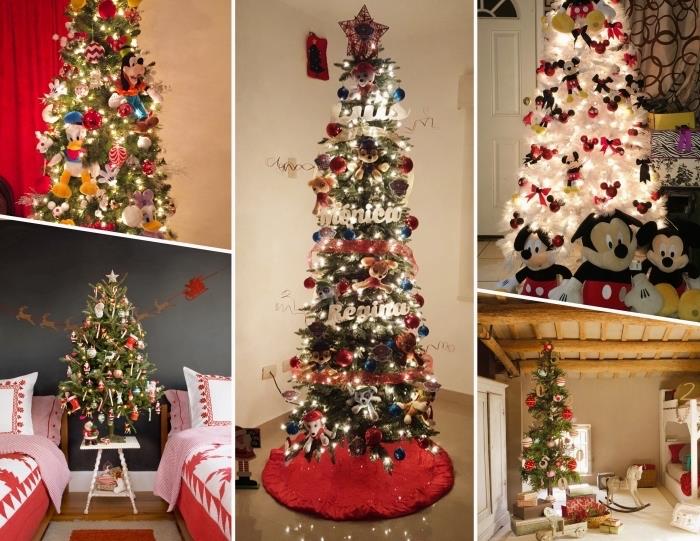 Noel figürleri ve Disney karakter süsleri ile süslenmiş çocuk odası için küçük Noel ağacı
