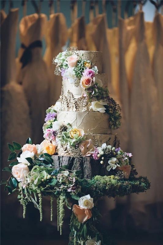 Geriausia šalies prašmatnaus vestuvinio torto idėja, stebuklingas tortas su daugybe gėlių, gražus torto įvaizdis