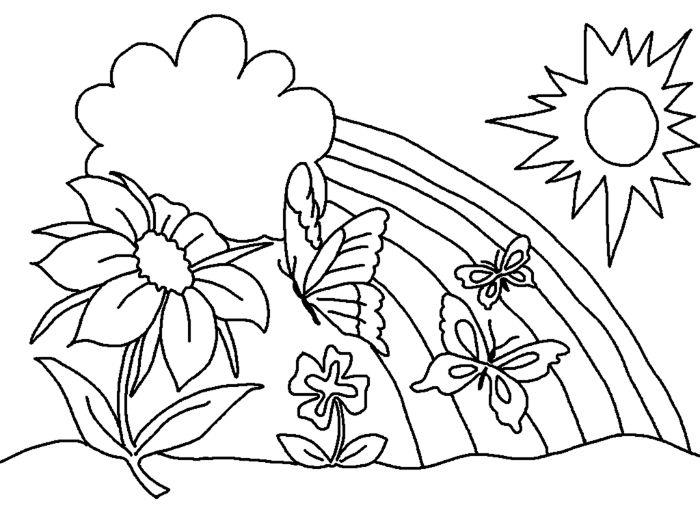 preprost mavrični dessim, sonce, metulji in rože, enostavno otroško barvanje za pomlad za tiskanje