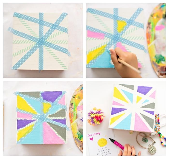 diy škatla za nakit, okrašena s pisanimi barvnimi trikotniki, narejenimi z washi trakom, darilom za najboljšo prijateljico in sestro