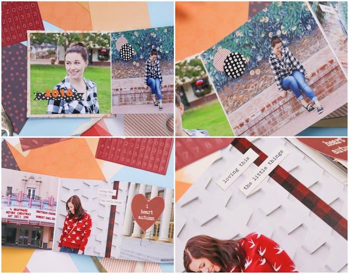 „Scrapbooking“ nuotraukų albumo puslapiai su nuotraukomis ir smulkiais dekoratyviniais priedais, naminė žmonos gimtadienio dovana