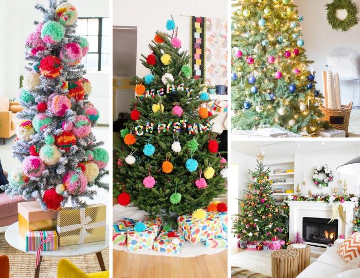 modern iç Noel dekorasyon fikri, büyük ve küçük çok renkli ponponlarla süslenmiş yapay ağaç modeli