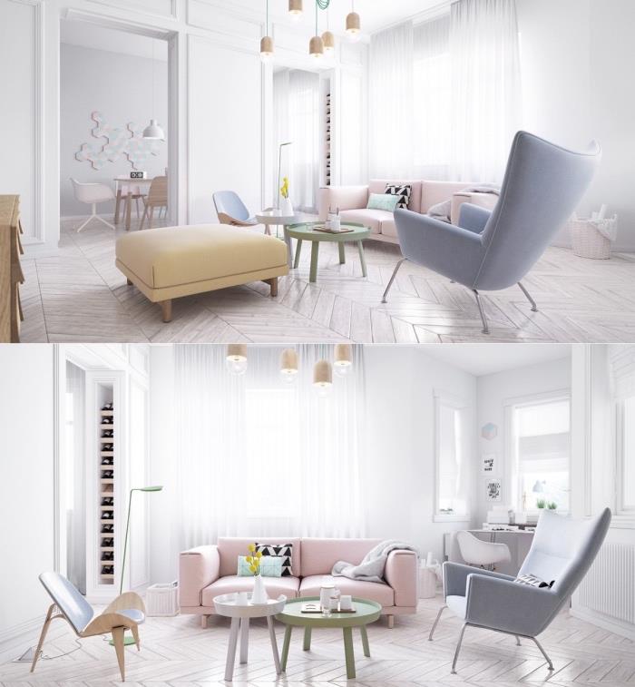 İskandinav oturma odası düzeni fikri, hafif parke, pastel pembe kanepe, gri koltuk, pastel sarı tabure, beyaz perde, orijinal sarkıt lambalar