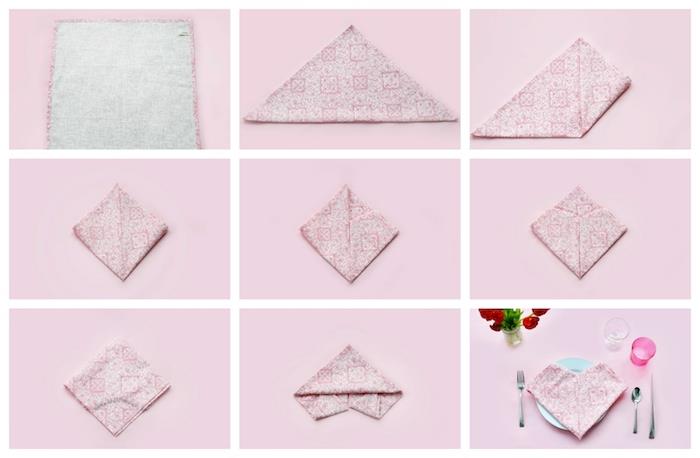 Sulankstomos širdies servetėlės ​​pamoka rožinės ir baltos spalvos širdies formos servetėle, originali stalo puošmena