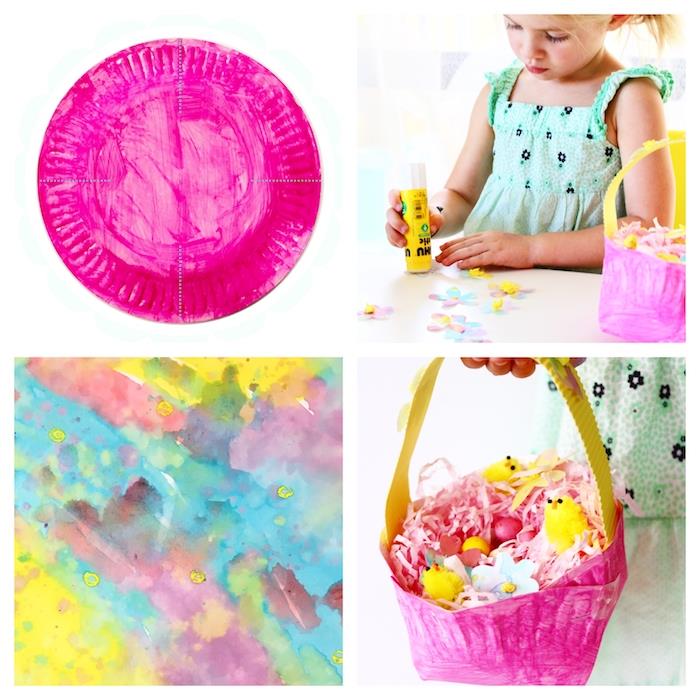 popierinė lėkštė perdažyta fuksijos spalva, kad darželio Velykų krepšelis būtų pripildytas rožinio popieriaus konfeti, figūrėlių jauniklių ir popierinių gėlių