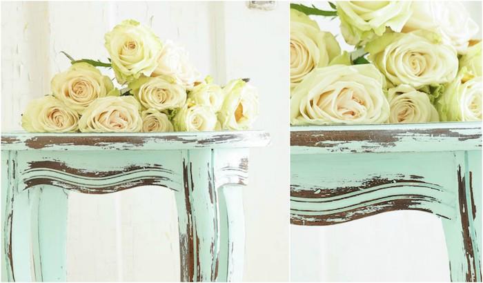 idėja, kaip patinuoti baldą, kavos staliuką, perdažytą mėtų žalia spalva, prašmatnų kaimišką dekorą, baltų rožių puokštę