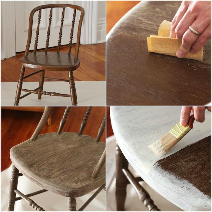 yenilenmiş sandalye, ahşap mobilyaların nasıl yeniden boyanacağı, ahşabın nasıl zımparalanacağı ve astarın nasıl uygulanacağı fikri