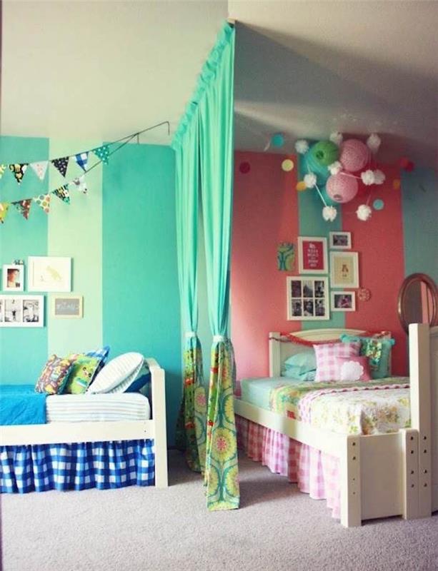 pembe ve yeşil duvarlı erkek ve kız çocuk odası dekoru