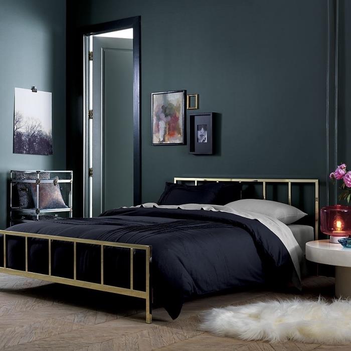 primer elegantnega dekorja v temni spalnici, verdigrisa ali temno zelene barve za sodobno spalnico
