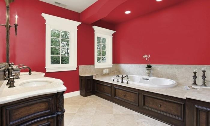 raudona vonios kambario spalvos idėja, pastatyta vonia, dviguba, pastatyta baseine, maišytuvai, rafinuotas dizainas, derliaus stiliaus
