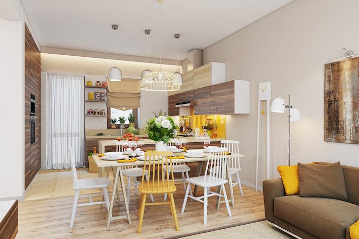 Modern oturma odası dekorasyonu oturma odası dekorasyonu oturma odası yemek odası sarı, beyaz ve ahşap mutfak yemek alanı ve oturma odasında fotoğraf dekorasyonu