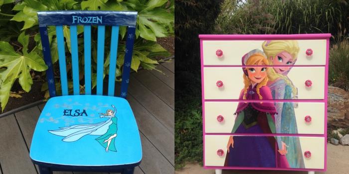 Çocuk odası dekoru yapmak için kendin yap ev, Elsa çizimiyle ahşap sandalyeyi maviye boya
