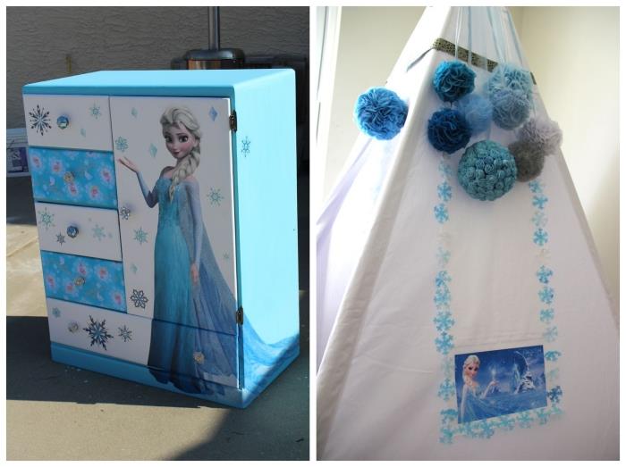 Kendin Yap yatak odası için manuel aktivite, Elsa çıkartması ve kar taneleri ile mavi ve beyaza boyanmış dolap