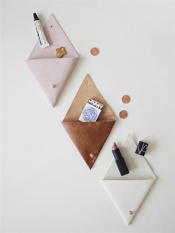 DIY denarnica za izdelavo iz usnja z zložljivim trikotnikom, enostavna ideja za sestrsko darilo